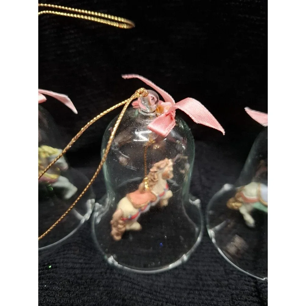 Vintage Clear Glass Bell Ornaments Carousel Horse Clapper Set 3 Christmas 3